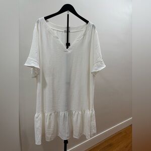 628. Aoulaydo White V-Neck Ruffle Oversized Cover Up for Swimwear or Dress